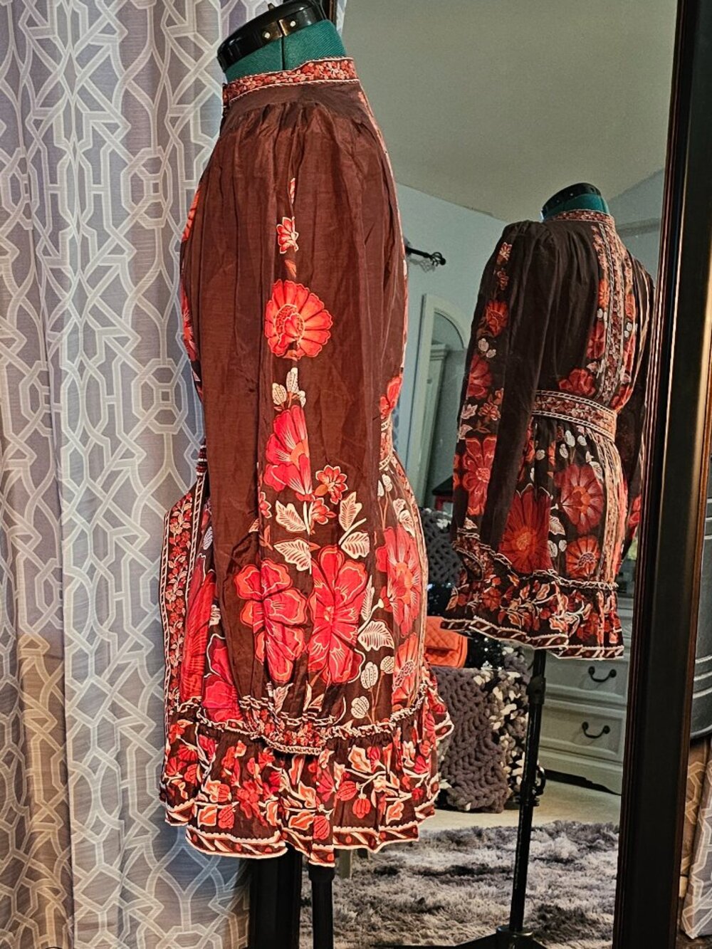 FARM Rio Gigi Tapestry Brown Button‑Front Mini Dress w/ Original Statement Belt - Picture 5 of 7
